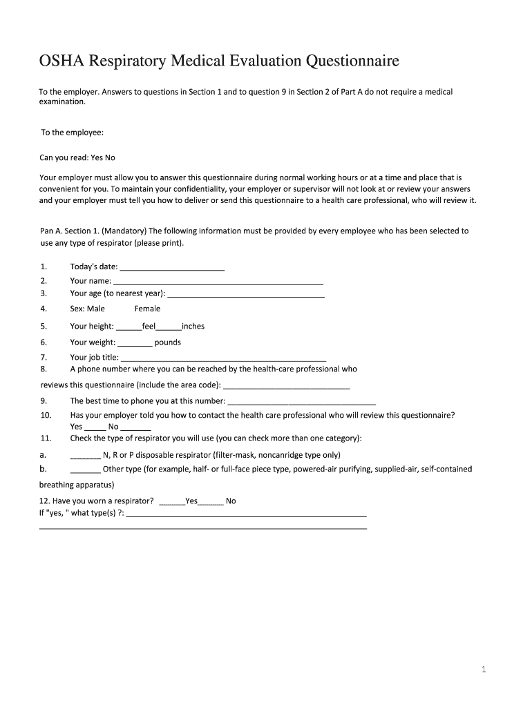 OSHA Respiratory Medical Evaluation Questionnaire  Form