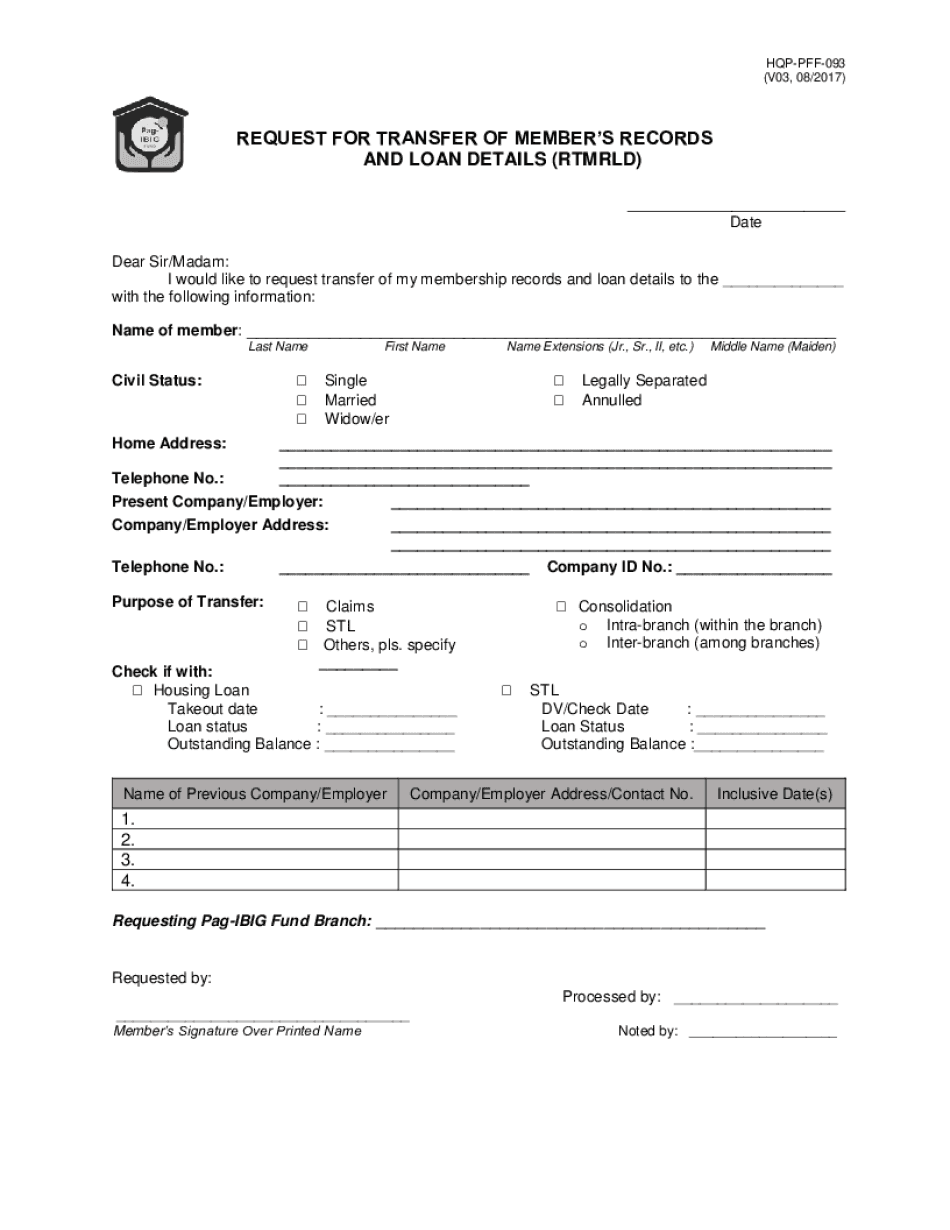 REQUEST for TRANSFER of MEMBER'S Pag IBIG Fund  Form