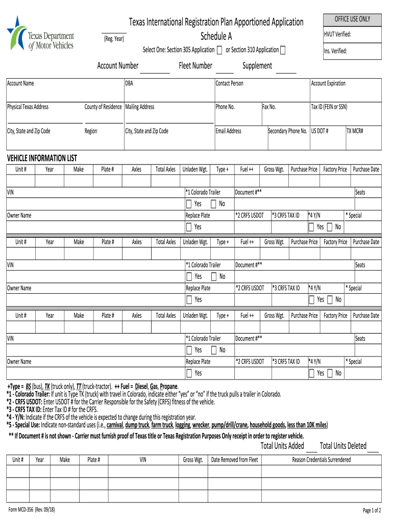  Texas International Registration Plan Apportioned Application Schedule a 2020