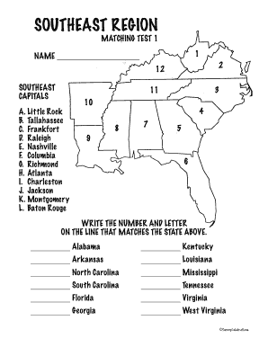 Southeast States and Capitals Quiz Printable  Form