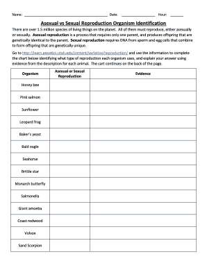 Asexual Vs Sexual Reproduction Organism Identification  Form