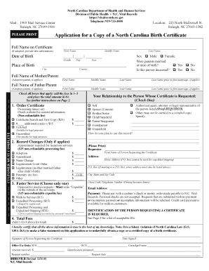 Get and Sign Application for a Copy of a North Carolina Birth Certificate Application 2018-2022 Form