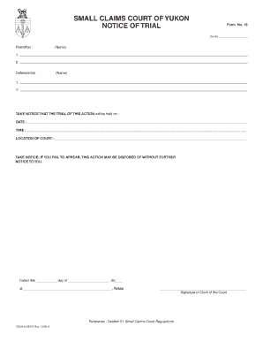 SMALL CLAIMS COURT of YUKON NOTICE of TRIAL Form