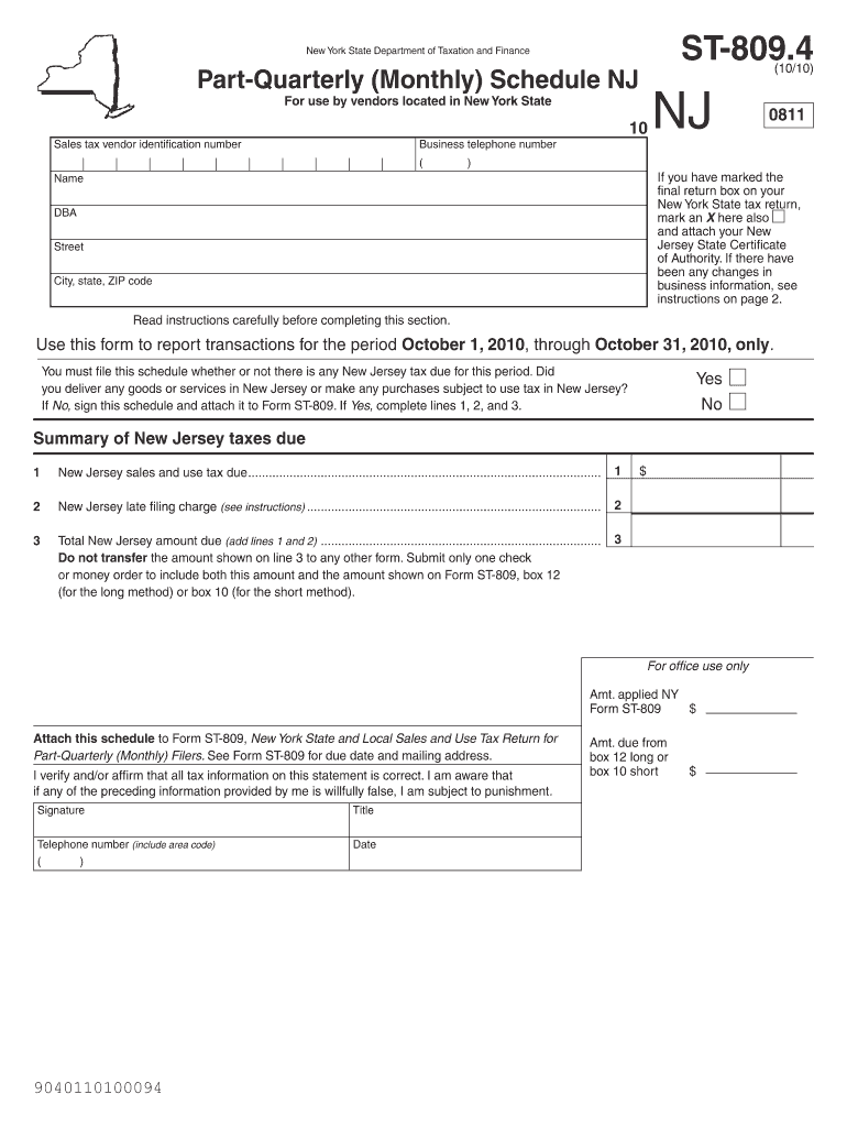  Form ST 809 41010 Part Quarterly Monthly Schedule NJ for Use by Vendors Located in New York State, St8094 2010-2024