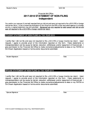 Financial Aid Office STATEMENT of NON FILING  Form