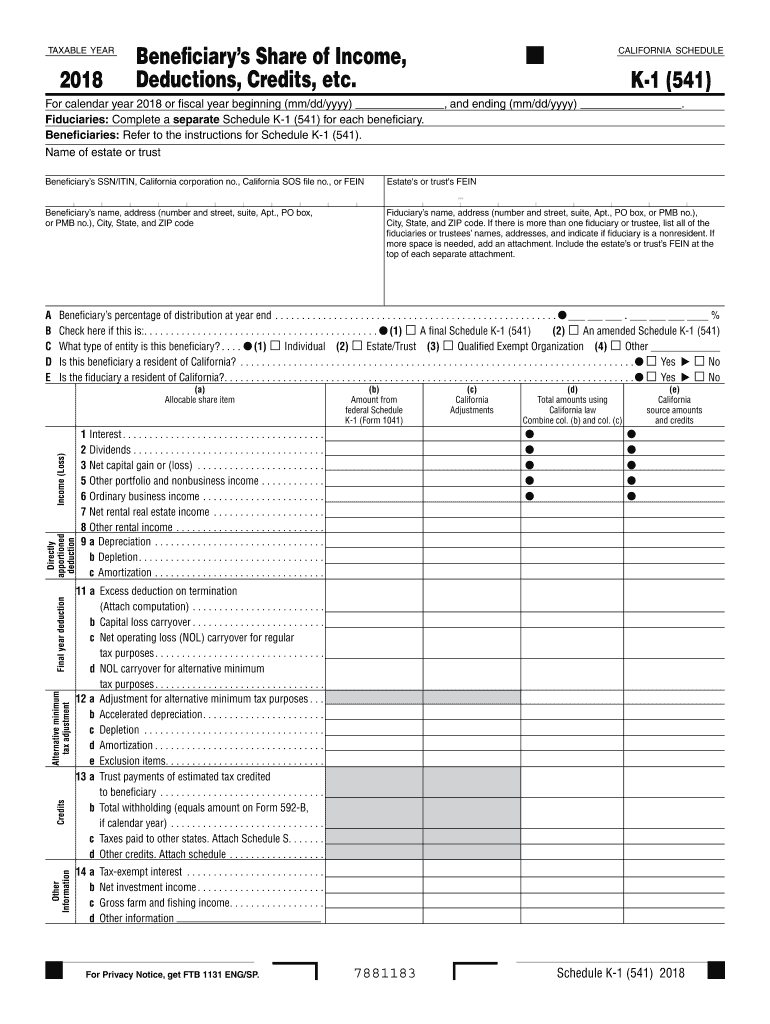  California Tax Form 541 K 1 2018