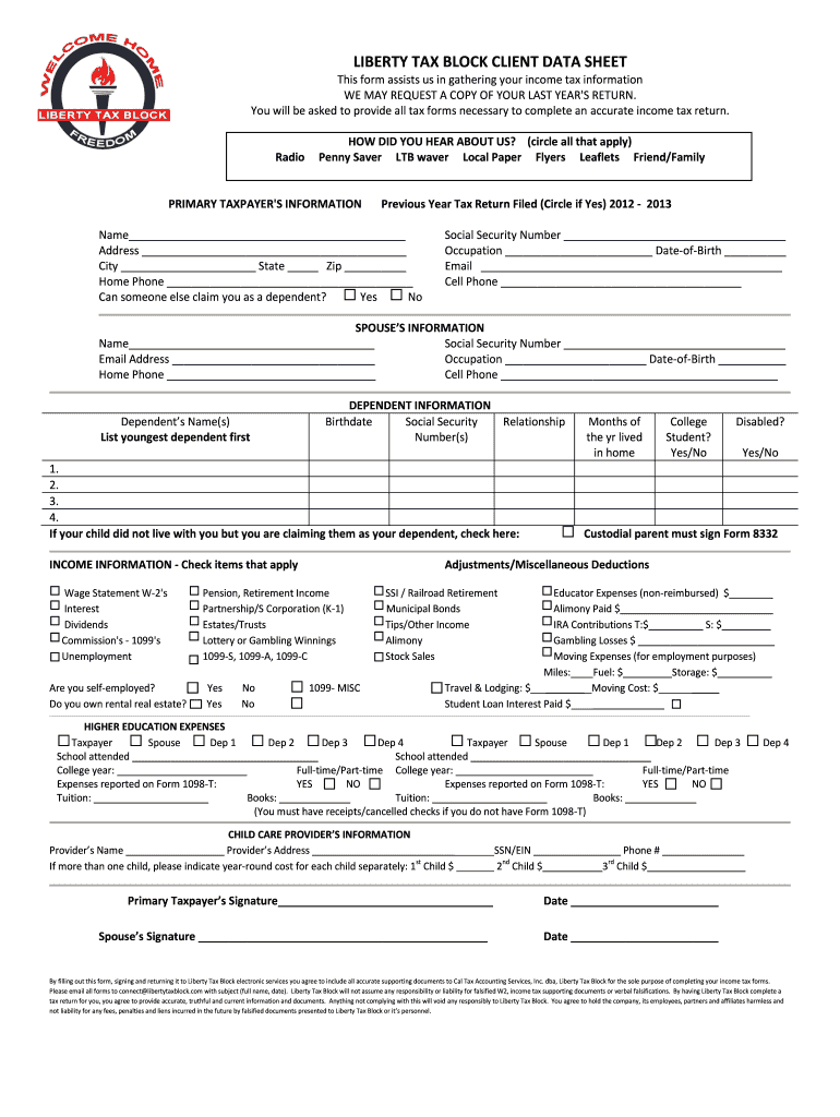 Liberty Tax Client Data Sheet  Form