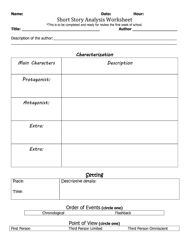 Short Story Analysis Worksheet  Form