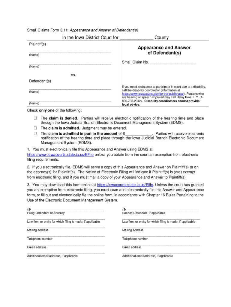  Small Claims Form 3 11 Appearance and Answer of D 2018-2024