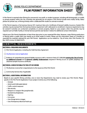  IRVINE POLICE DEPARTMENT FILM PERMIT INFORMATION SHEET 2024