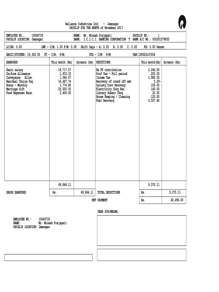 Reliance Salary Slip  Form