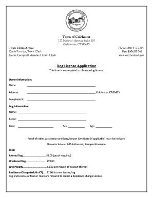 Colchester Ct Dog License  Form