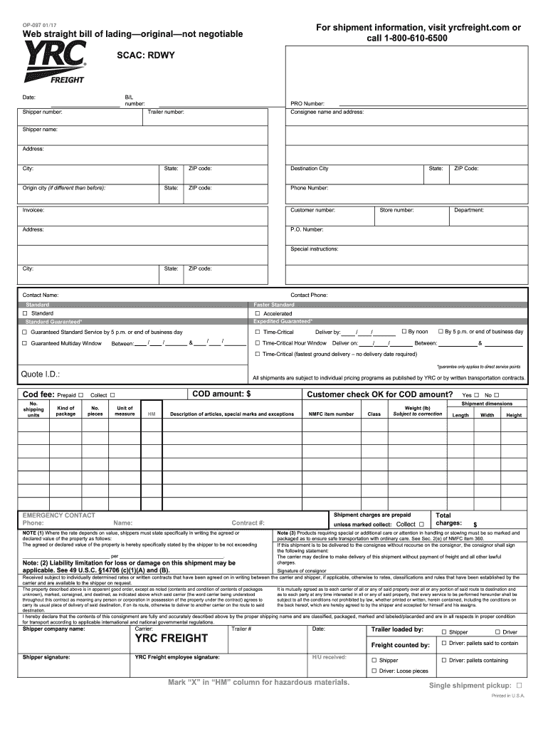  Yrc Bill of Lading Form Op 097 2017