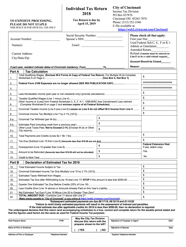 Get and Sign Cincinnati Income Tax Returns 2018 Form