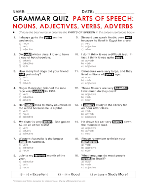 Choose the Best Words to Describe the Parts of Speech in the Sixteen Sentences below  Form