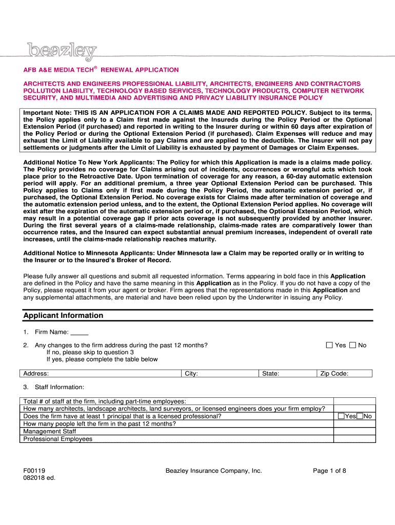 Beazley AFB A&amp;amp;E Media Tech Renewal Application Beazley A&amp;amp;E Media Tech Renewal Insurance Application  Form