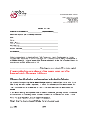 INTENT to CURE FORECLOSURE NUMBER Employee Initials  Form