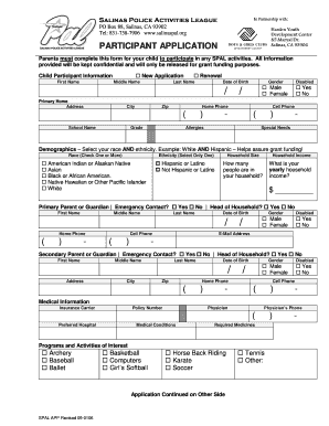 Participant Application Salinas Police Activities League  Form