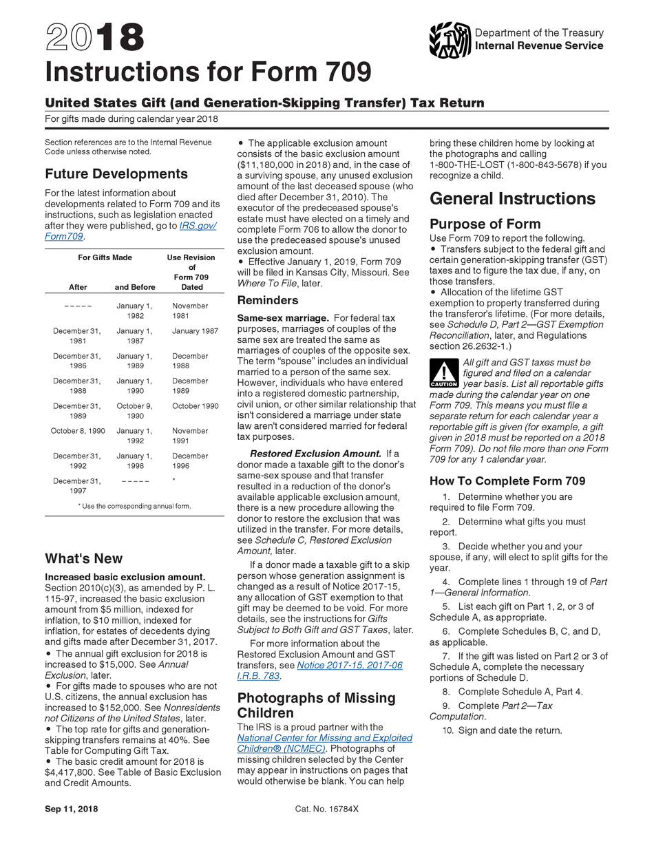  Form 709 Instructions 2018