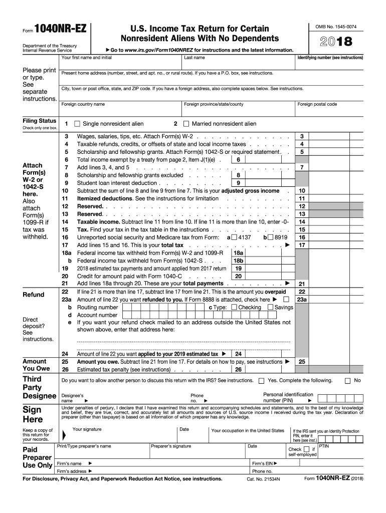 2018 1040NR-EZ form