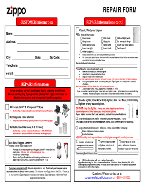 Zippo Repair Form