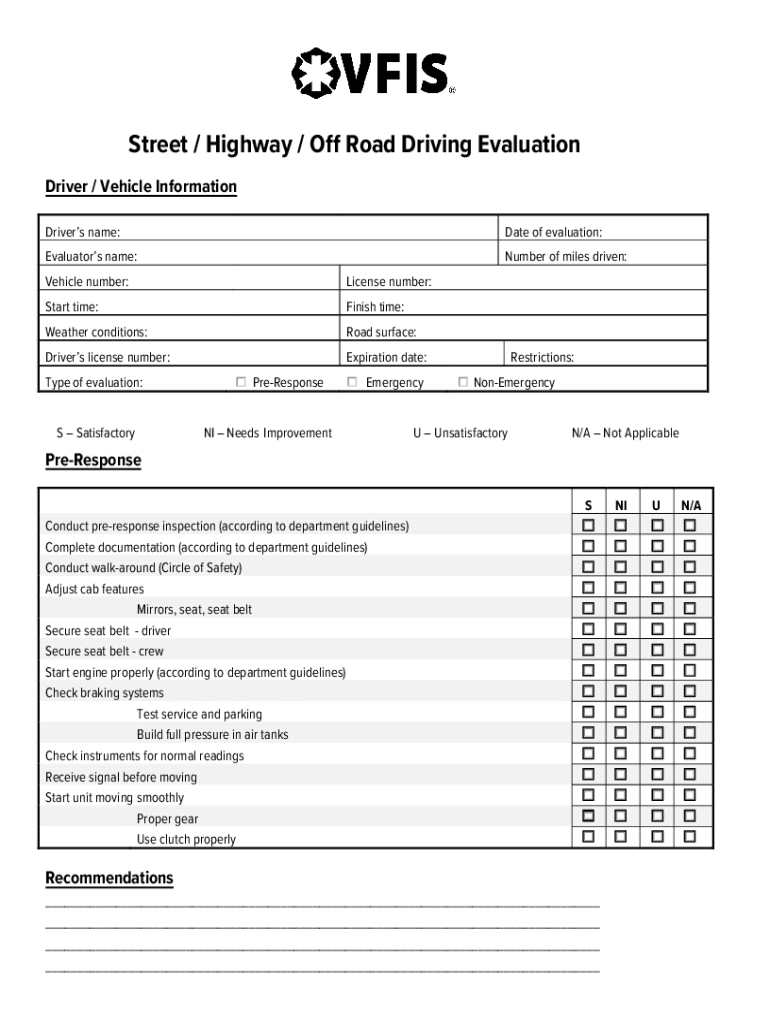 Street Highway Driving Evaluation VFIS Street Highway Driving Evaluation VFIS  Form