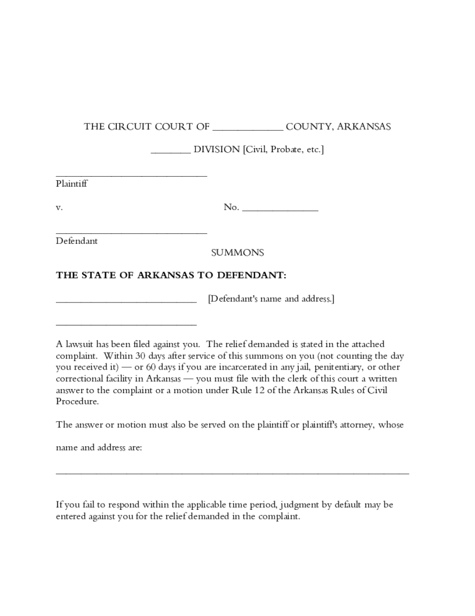 Form of Summons the Supreme Court of Arkansas Has Adopted the 2019-2024