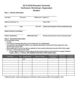 Get and Sign Brandeis University Verification Worksheet Dependent Student 2019-2022 Form
