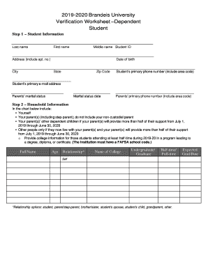  Brandeis University Verification Worksheet Dependent Student 2019-2024