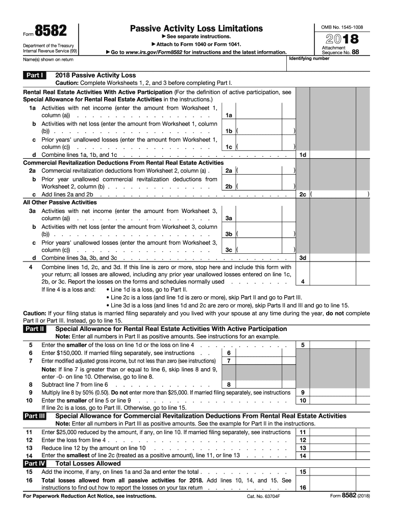  Tax Form 8582 Instructions 2018