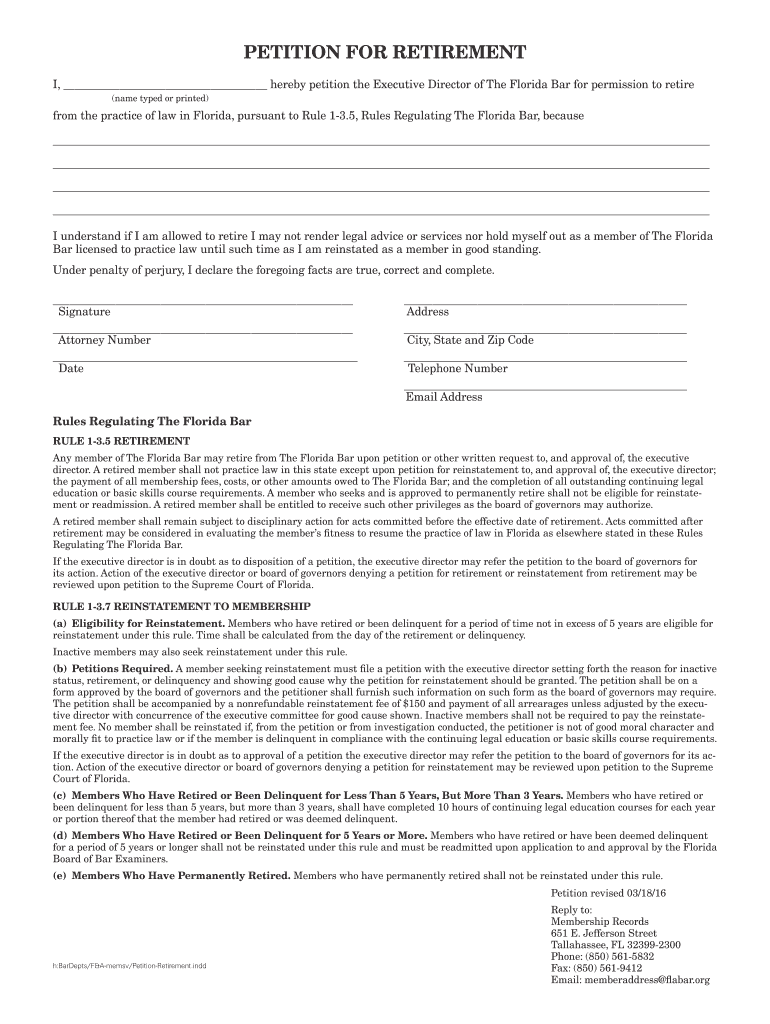  Florida Bar Retirement Form 2016-2024