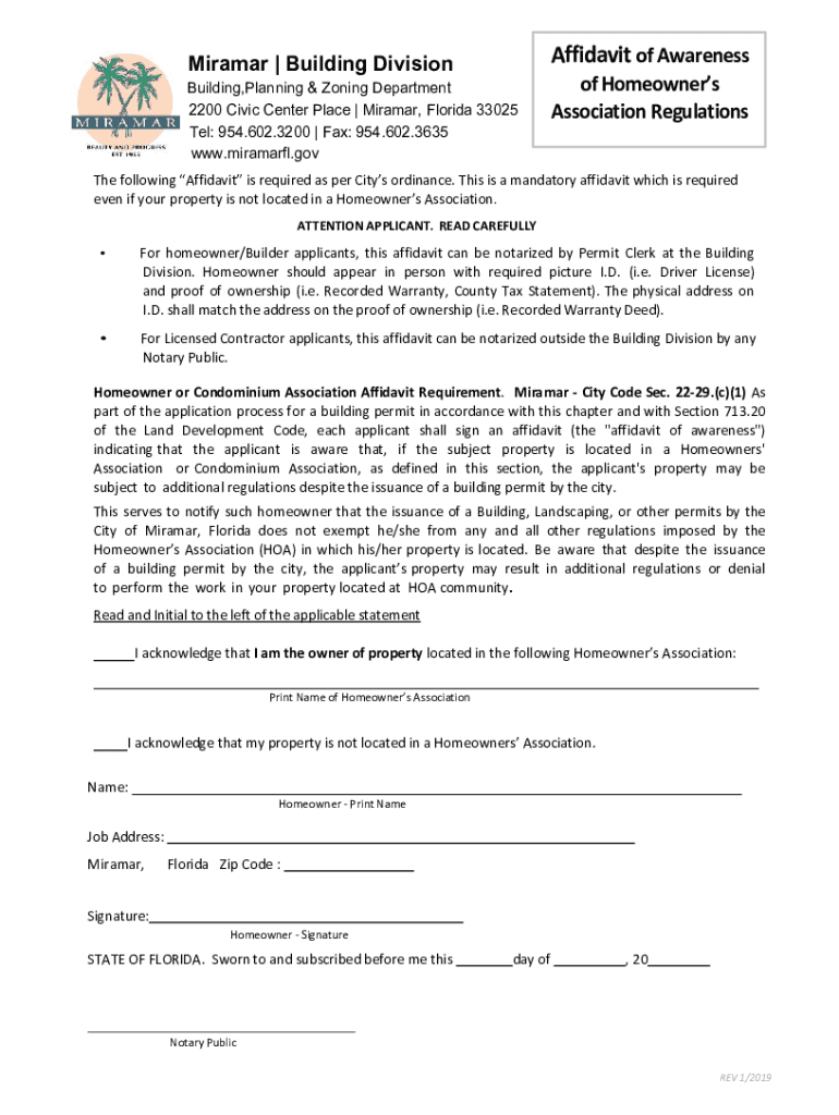 Affidavit of Awareness of Homeowner&#039;s Association Regulation  Form