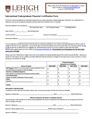 Lehigh Certification of Finances  Form