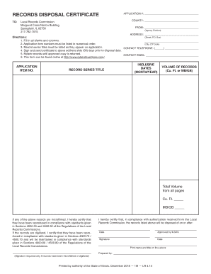  Records Disposal Certificate Illinois 2018-2024