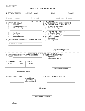 C S Form No 6 Revised 1981 APPLICATION for LEAVE