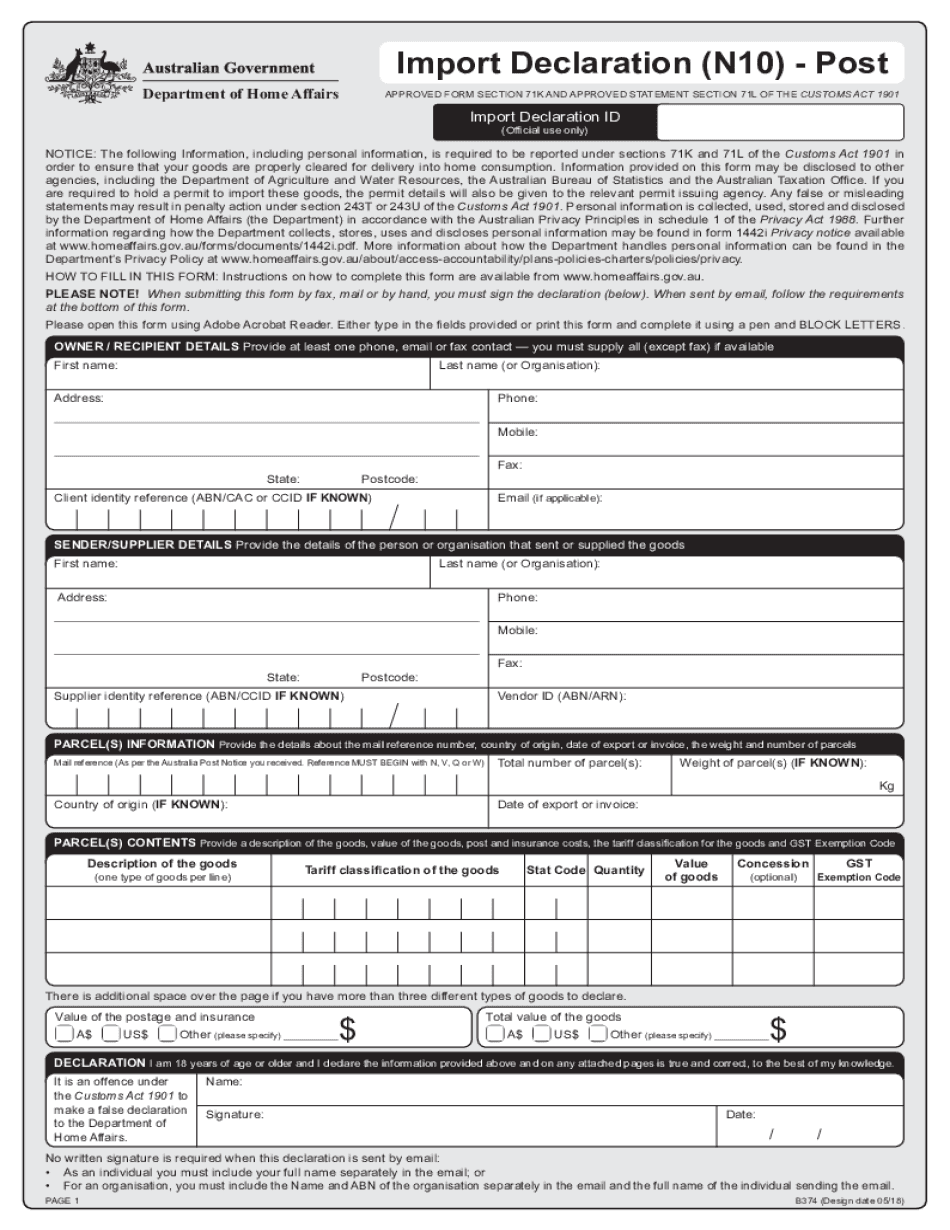  Import Declaration N10 Department of Home Affairs 2018-2024