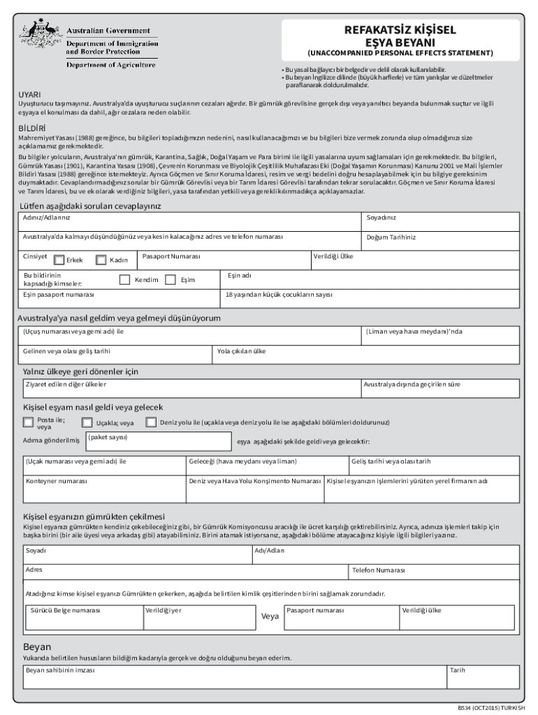 Unaccompanied Personal Effects Form Turkish Unaccompanied Personal Effects Form