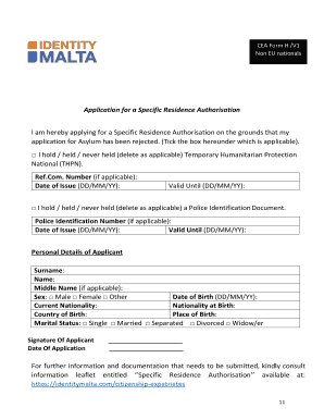 Application for a Specific Residence Authorisation I Identity Malta  Form