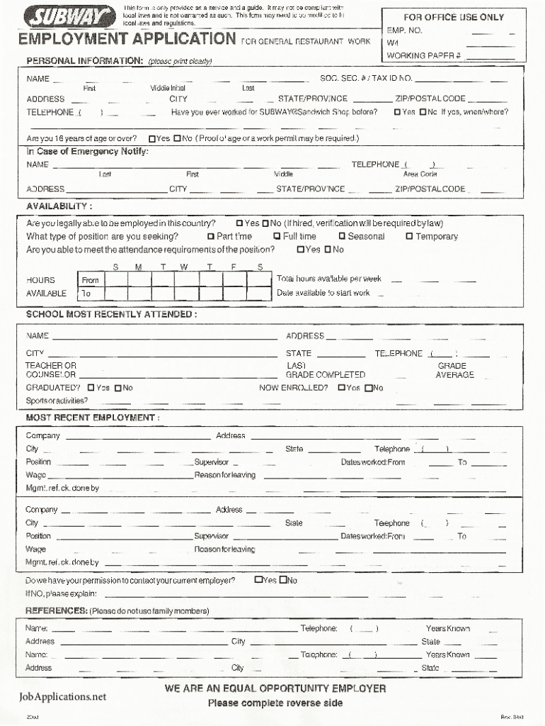Subway Job Application Form