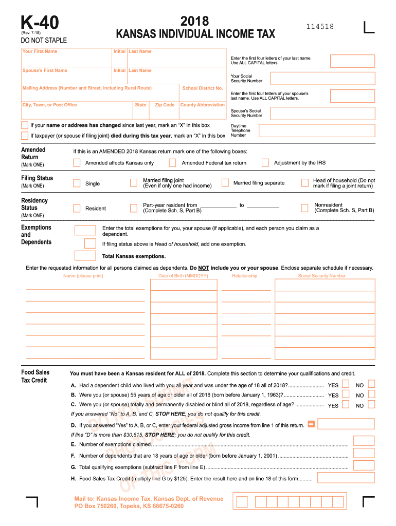  Kansas K40 Form 2018