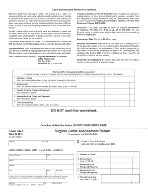 Form CA 1, Virginia Cattle Assessment Return Virginia Cattle Assessment Return, Form CA 1