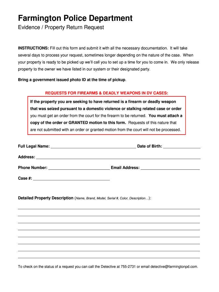 Evidence Property Return Request  Form