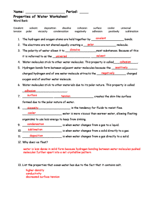 Properties of Water Worksheet  Form