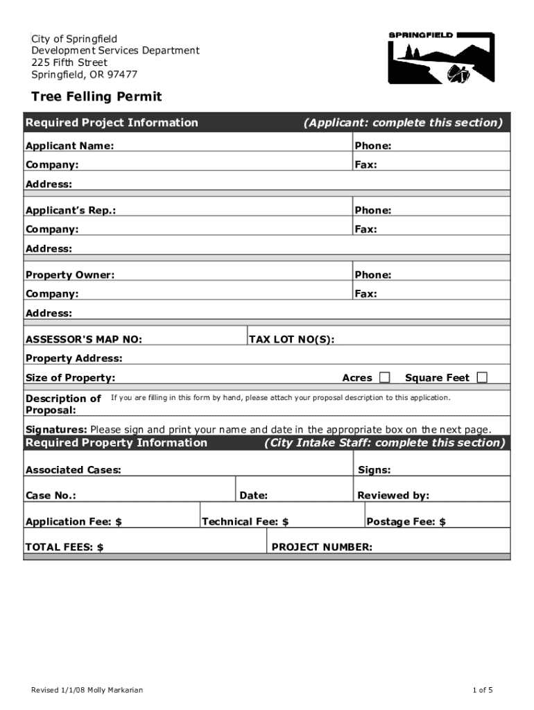 Tree Felling Permit City of Springfield Oregon  Form