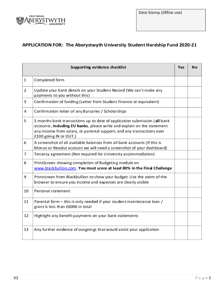  APPLICATION for Aberystwyth Alumni Student Hardship Fund 19 2020-2024