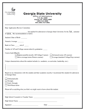 Standard Letter of Recommendation Georgia State University  Form