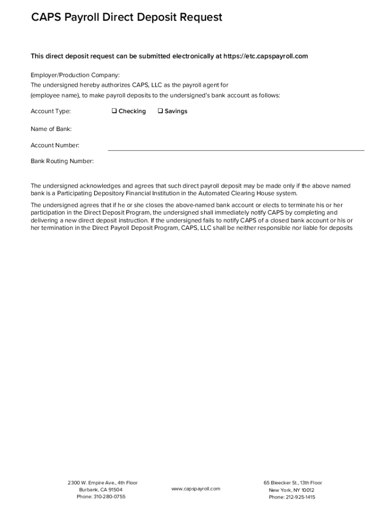 CAPS Payroll Direct Deposit Request Castandcrew Com  Form