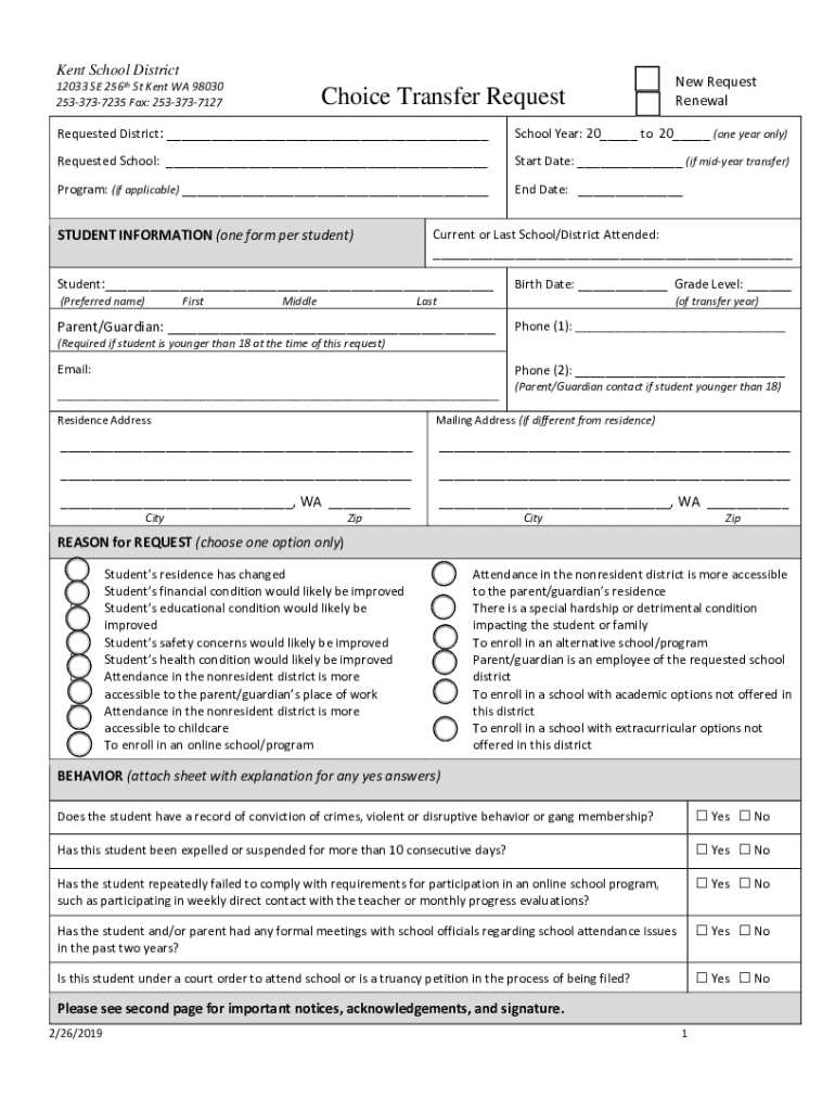  Choice Transfer Request Kent School District 2019-2024