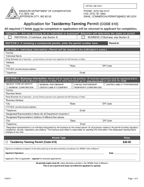 Missouri Taxidermy License  Form