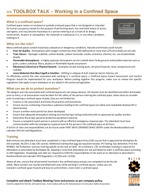 Confined Space Toolbox Talk PDF  Form